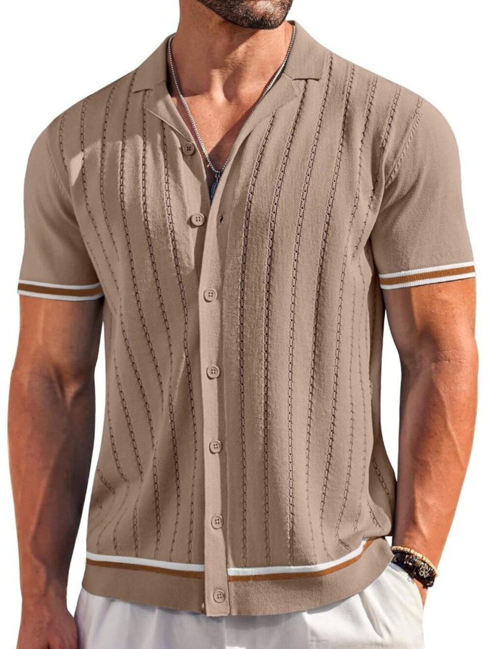 Men's Dark Beige Short Sleeve Knit Casual Button Down Vintage Striped Top Shirt